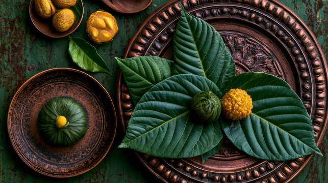 Beautifully arranged green leaves with colorful round sweets on decorative plate, showcasing traditional culinary art and vibrant natural elements