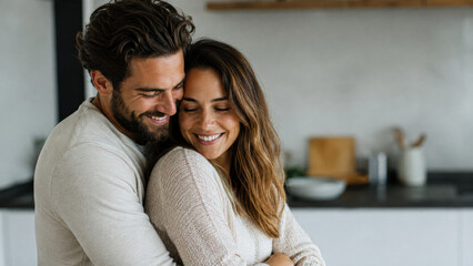 Fototapeta premium A happy couple embraces warmly in a modern kitchen, sharing a joyful and intimate moment together.