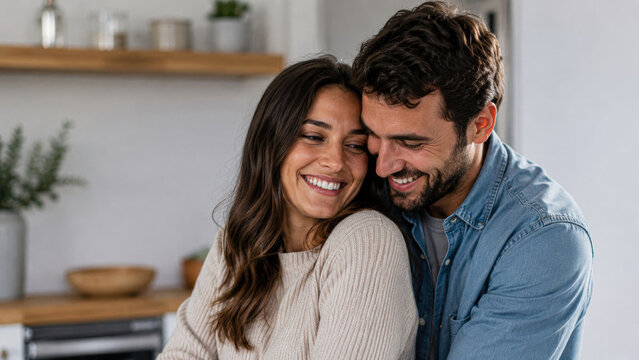 A happy couple embraces warmly in a cozy kitchen, sharing a joyful moment together.