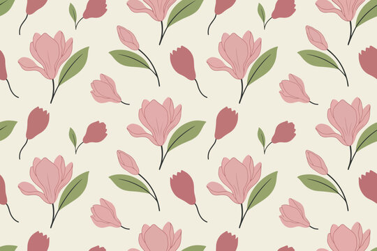 Pink magnolia flower seamless pattern on off white background. Soft pink magnolia flowers and buds pattern for textile design. Elegant pink magnolia blossom seamless vector background. 