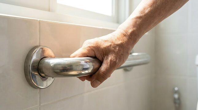 Elderly person hand gripping bathroom grab bar for safety and support in tiled interior with bathroom