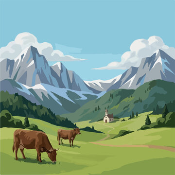 Brown cows grazing in a green alpine meadow with a mountain landscape. Domestic cattle grazing on lush mountain pasture with snowy peaks. Pastoral alpine landscape. 
