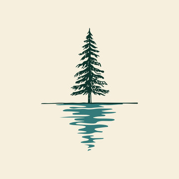 Minimalist pine tree with water reflection vector illustration. Evergreen spruce tree reflected in calm lake line art. Simple pine tree reflection in calm water nature emblem. 