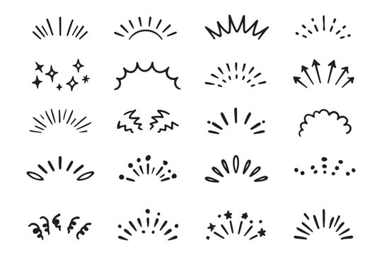 star doodles and twinkle sparkles drawn with crayon and pencil, grunge chalk scribbles, cute kids starbursts and hand drawn celestial shapes vector set.  emphasis, highlight surprise. sparkle lines. 