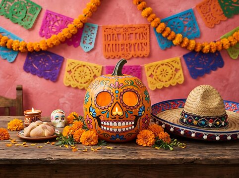 Day of the dead celebration with decorated pumpkin and traditional marigold flowers.