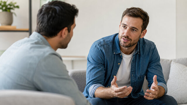 Two men engaged in a serious conversation while sitting on a couch in a cozy, modern living room.