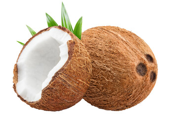 Obraz premium Whole and halved coconuts with green leaves, isolated on transparent cutout background