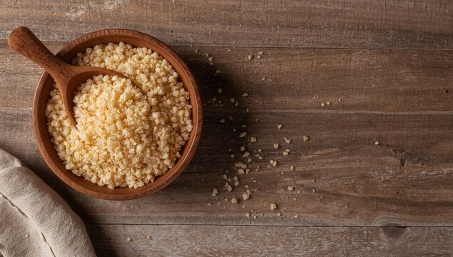 Wooden table overhead shot of a bowl and scoop with uncooked couscous.
