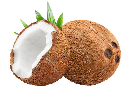 Whole and halved coconuts with green leaves, isolated on transparent cutout background