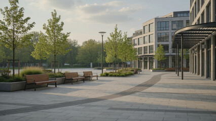 Modern office building urban plaza business district city square contemporary architecture office exterior commercial building city park public space emptyZero emission local transport concept