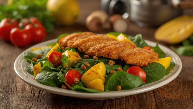 Wooden table with Caesar salad, fried chicken, and veggies.