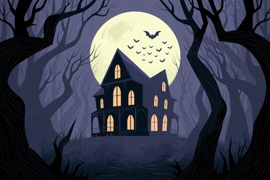 Haunted Gothic Mansion Silhouette Under Giant Full Moon with Flying Bats and Twisted Forest Trees in Misty Night Scene