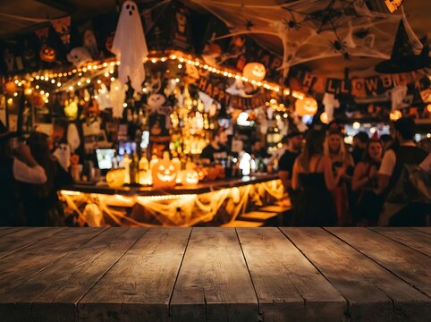 Halloween party bar decorated with spooky elements and party guests.