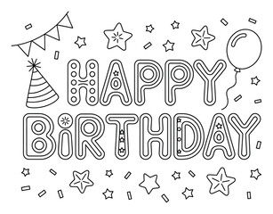 Página para colorear de feliz cumpleaños para niños con globos y decoraciones de fiesta