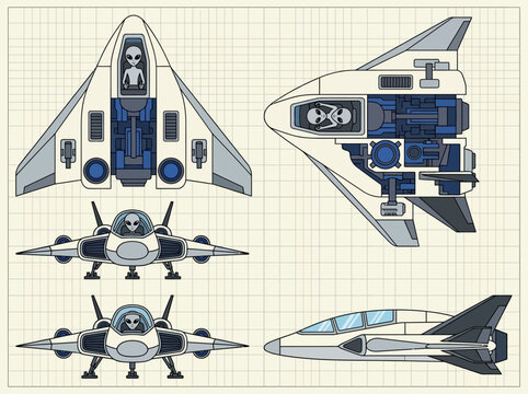 Futuristic Alien Spaceship Blueprint, Sci-Fi Starfighter Technical Schematic with Extraterrestrial Pilot