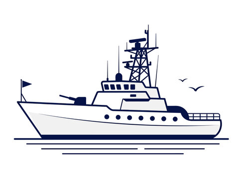 Minimalist vector illustration of a naval patrol boat at sea. Ideal for maritime security, defense, and coast guard branding.