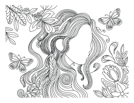 P&aacute;gina para colorear intrincada con una mujer de cabello suelto y mariposas