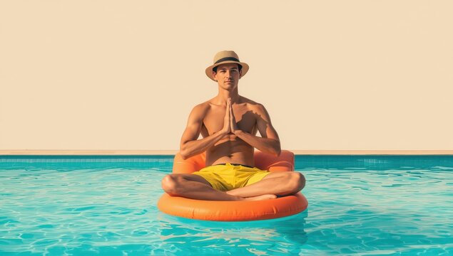 Young man in yellow shorts and hat relaxes by hotel pool on a rubber mattress, practicing yoga on a beige background. Summer vibe.