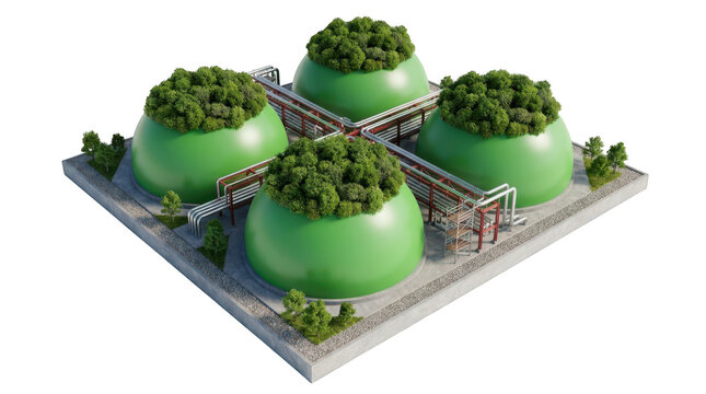 Biogas plant with four green spherical tanks and industrial pipes isolated on transparent background
