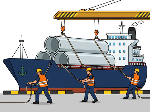 Dockworkers loading heavy metal pipes onto a cargo ship at a port