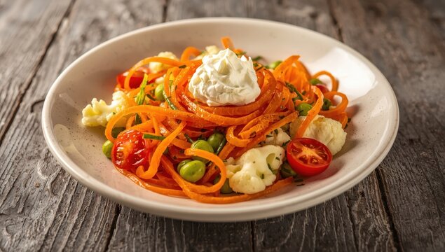 A detailed view of a plate filled with raw vegetable salad on a gray slatted table, featuring carrots, soybeans, cauliflower, tomatoes, and cream cheese.