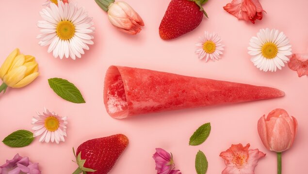 Cone-shaped fruit candy. Plant-based, sugar-free treat. Blooming spring. Healthy eating idea. Overhead view.