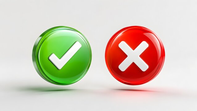 Green check mark and red cross icon for approval rejection decision making and validation concept.