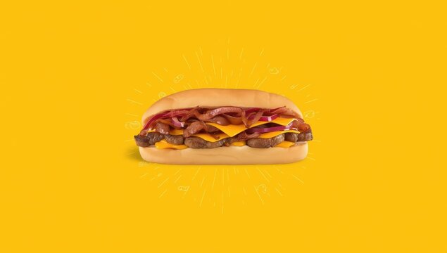 Minimalist beef cheesesteak. American fast food on yellow backdrop with shadow. Trendy Philly steak sandwich concept. Colorful junk food.