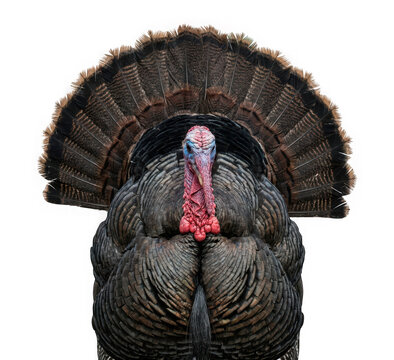 Front view of a wild male turkey with fanned tail feathers isolated on transparent background