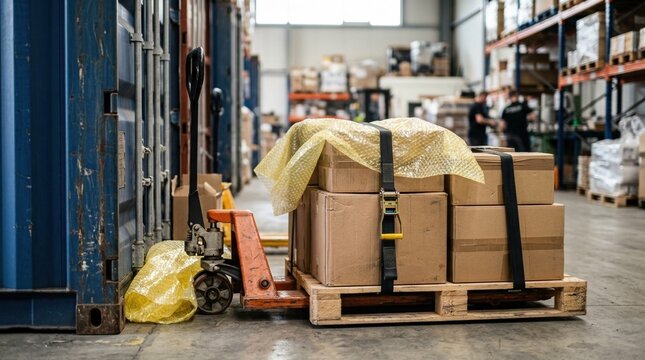 Resilient supply chain logistics with shipping container corner, pallet jack, cargo straps, bubble wrap, and warehouse fixtures.