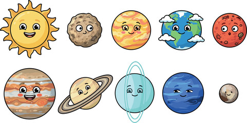 Cute Cartoon Solar System Planet Vector Character Set Featuring Happy Sun Earth Mars Jupiter Saturn and Pluto Symbols for Kids Educational Designs © leo