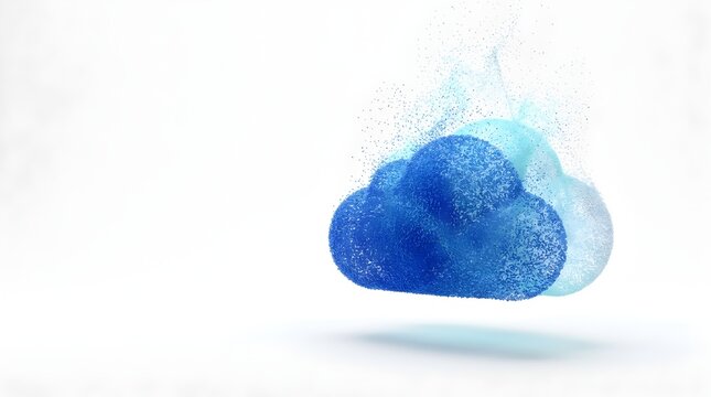 Cloud computing data migration with blue digital particles dispersing on clean white background.
