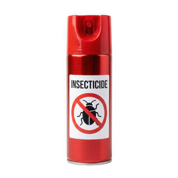 Red aerosol spray can of insecticide with a warning symbol of a bug inside a red circle, isolated on transparent background