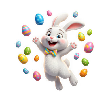 Happy easter bunny wearing a colorful bowtie jumping joyfully surrounded by floating decorated easter eggs, isolated on transparent background