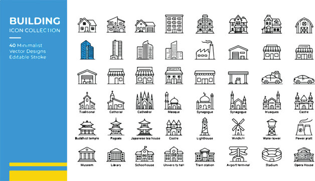 Building web icons in line style. Hotel, hospital, apartament, city, town house, mall, coffee, collection. Editable stroke. Vector illustration.