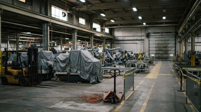Industrial shutdown in factory hall with covered machine guards, parked forklifts, closed doors, and unlit robot arms in a silent assembly line.