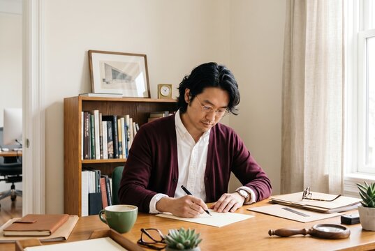 Generative AI, Focused young Asian man writing at desk in a cozy home study