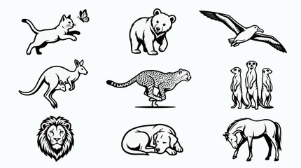 Vector Icon Sheet of Playful Animals: Cat Chasing Butterfly, Kangaroo with Joey, Cheetah Running, Bear Cub, Meerkat Group, Albatross Flying, Lion Head, Sleeping Dog, Horse Grazing © Alice Angelina