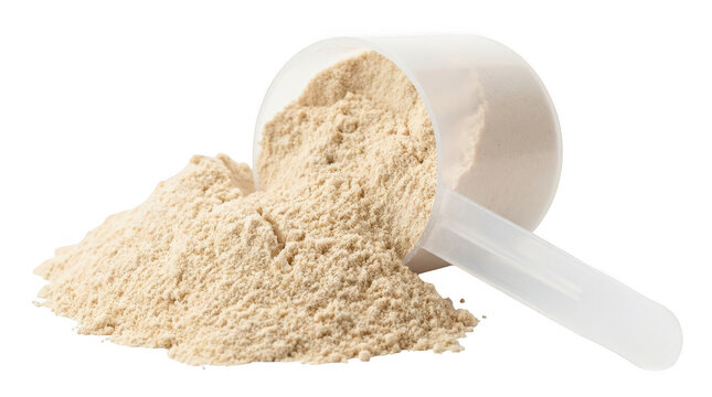 Protein powder with measuring scoop isolated on transparent background