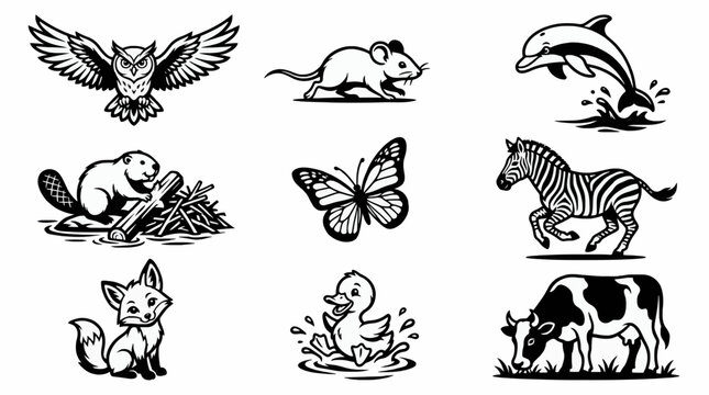 Vector Icon Sheet of Diverse Animals: Owl, Mouse, Dolphin, Beaver, Butterfly, Zebra, Fox, Duckling, and Cow, Flat Black and White Illustrations