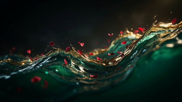 Golden reflections on emerald wave with scattered rose petals, creating a luxurious and dynamic liquid art