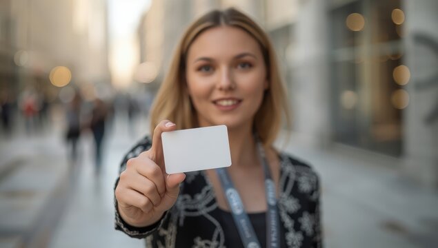 Young woman with a blank white ID card.