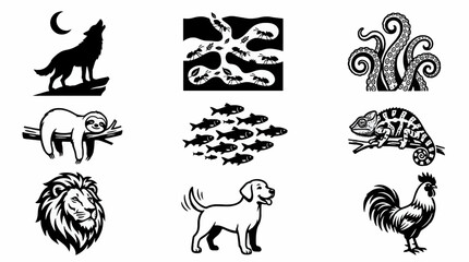 Obraz premium Vector Icon Sheet of Animals: Wolf Howling at Moon, Sloth on Branch, Lion Head, Fish School, Dog, Rooster, Ants, Chameleon, Octopus Tentacles