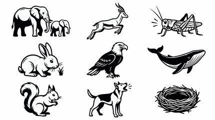 Vector Icon Sheet of Diverse Animals: Elephant Family, Gazelle, Grasshopper, Rabbit, Eagle, Whale, Squirrel, Dog, and Nest © Alice Angelina