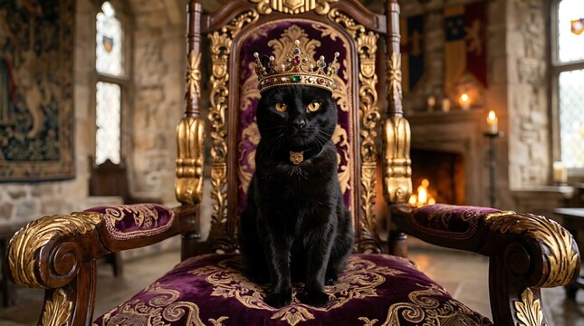 Royal black cat with golden crown sitting on ornate velvet throne in medieval castle setting.