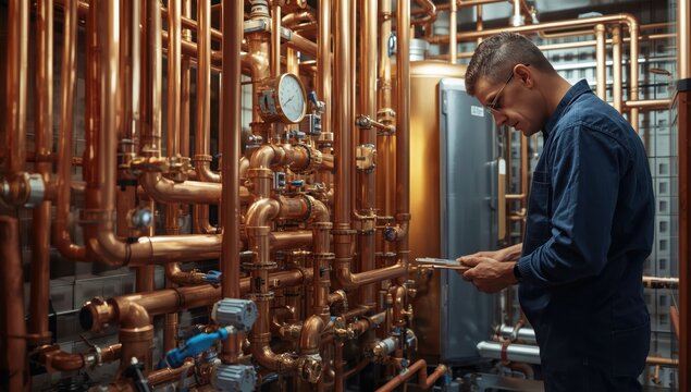 Water service technician or plumbing concept. Copper heating system pipes in a utility room. Boiler and expansion tank setup, pressure gauge detail.