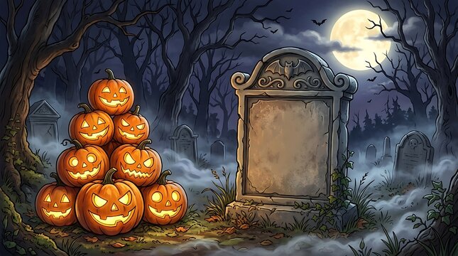 Stack of glowing carved jack o lanterns in a misty haunted cemetery under full moon.