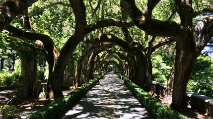 Fototapeta premium Serene Tree-Lined Pathway in a Lush Garden Surrounded by Vibrant Green Foliage and Natural Light Filtering Through the Overhead Canopy