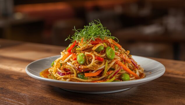 Zesty Asian noodle salad featuring edamame and microgreens.