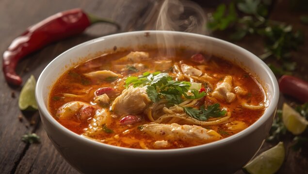 Zesty chicken broth with vermicelli or glass noodles.